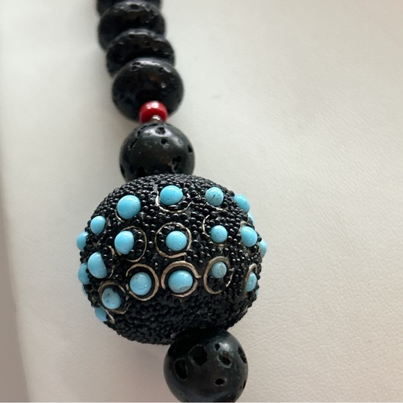 Statement Black Lava Bead Turquoise Coral Necklace - Picture 8 of 13